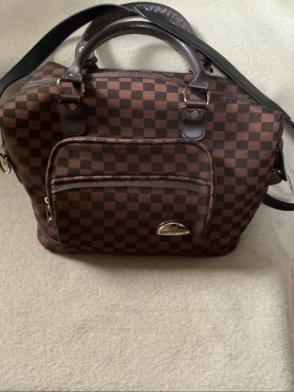 Checker-Print Brown Shoulder Bag with Front Pocket